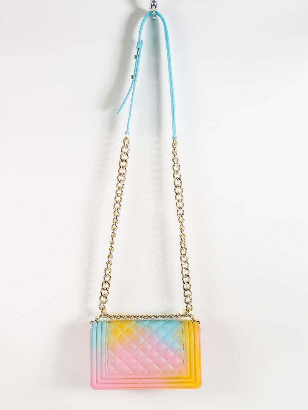 Pastel Rainbow Jelly Crossbody Bag Gold Chain Strap Quilted Candy Color Purse - Picture 3 of 8